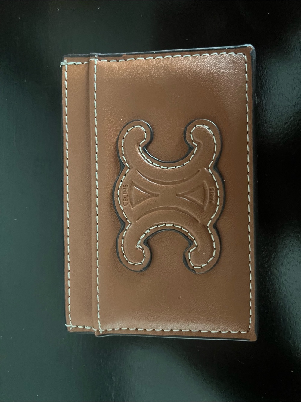 Celine Tan Leather Card & Key Holder with Signature Triomphe Patch